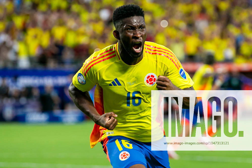 CHARLOTTE, NC - JULY 10: Colombia midfielder Jefferson Lerma (16) celebrates after scoring a goal during the CONMEBOL Copa America semifinal between Uruguay and Colombia on Wednesday July 10, 2024 at Bank of America Stadium in Charlotte, NC. (Photo by Nick Tre. Smith Icon Sportswire) SOCCER: JUL 10 CONMEBOL Copa America - Semifinals - Uruguay vs Colombia Icon2407100054