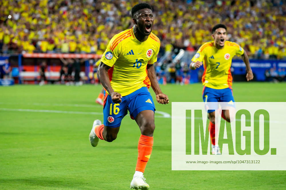 CHARLOTTE, NC - JULY 10: Colombia midfielder Jefferson Lerma (16) celebrates after scoring a goal during the CONMEBOL Copa America semifinal between Uruguay and Colombia on Wednesday July 10, 2024 at Bank of America Stadium in Charlotte, NC. (Photo by Nick Tre. Smith Icon Sportswire) SOCCER: JUL 10 CONMEBOL Copa America - Semifinals - Uruguay vs Colombia Icon2407100055