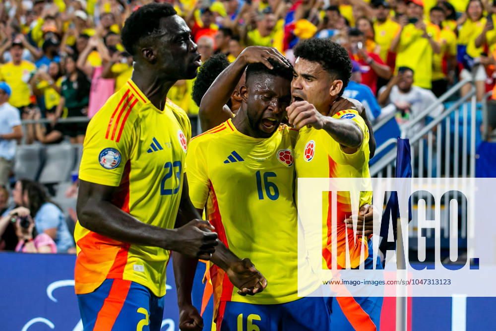 CHARLOTTE, NC - JULY 10: Colombia midfielder Jefferson Lerma (16) celebrates with teammates after scoring a goal during the CONMEBOL Copa America semifinal between Uruguay and Colombia on Wednesday July 10, 2024 at Bank of America Stadium in Charlotte, NC. (Photo by Nick Tre. Smith Icon Sportswire) SOCCER: JUL 10 CONMEBOL Copa America - Semifinals - Uruguay vs Colombia Icon2407100056
