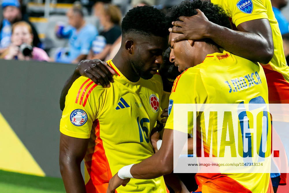 CHARLOTTE, NC - JULY 10: Colombia midfielder Jefferson Lerma (16) celebrates with teammates after scoring a goal during the CONMEBOL Copa America semifinal between Uruguay and Colombia on Wednesday July 10, 2024 at Bank of America Stadium in Charlotte, NC. (Photo by Nick Tre. Smith Icon Sportswire) SOCCER: JUL 10 CONMEBOL Copa America - Semifinals - Uruguay vs Colombia Icon2407100058