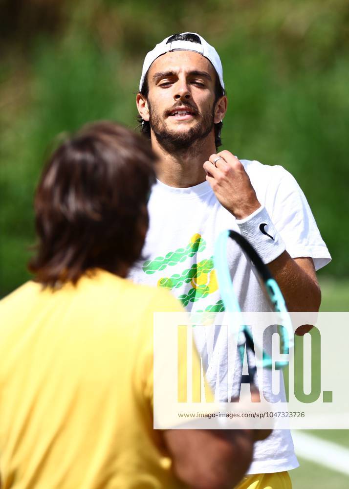 Lorenzo Musetti practices with coach Simone Tartarini Wimbledon Tennis Championships, Day 11, The All England Lawn Tennis and Croquet Club, London, UK - 11 Jul 2024