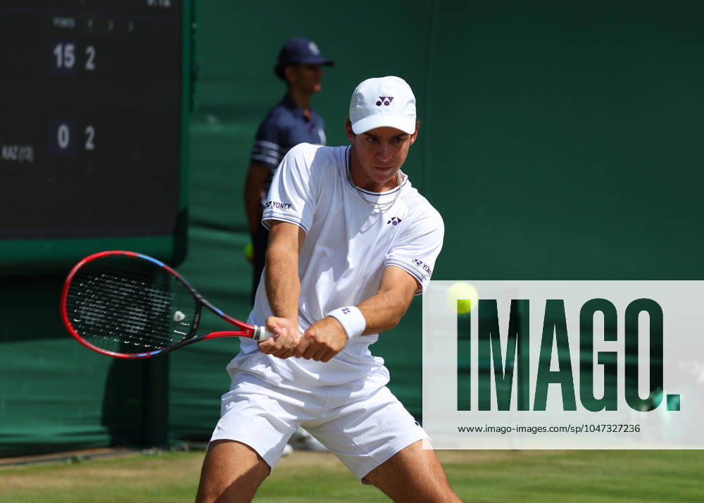 11th July 2024; All England Lawn Tennis and Croquet Club, London, England; Wimbledon Tennis Tournament, Day 11; Kaylan Bigun (USA) from the baseline against Amir Omarkhanov (KAZ), Boys Singles Third Round ActionPlus12666941 JohnxPatrickxFletcher