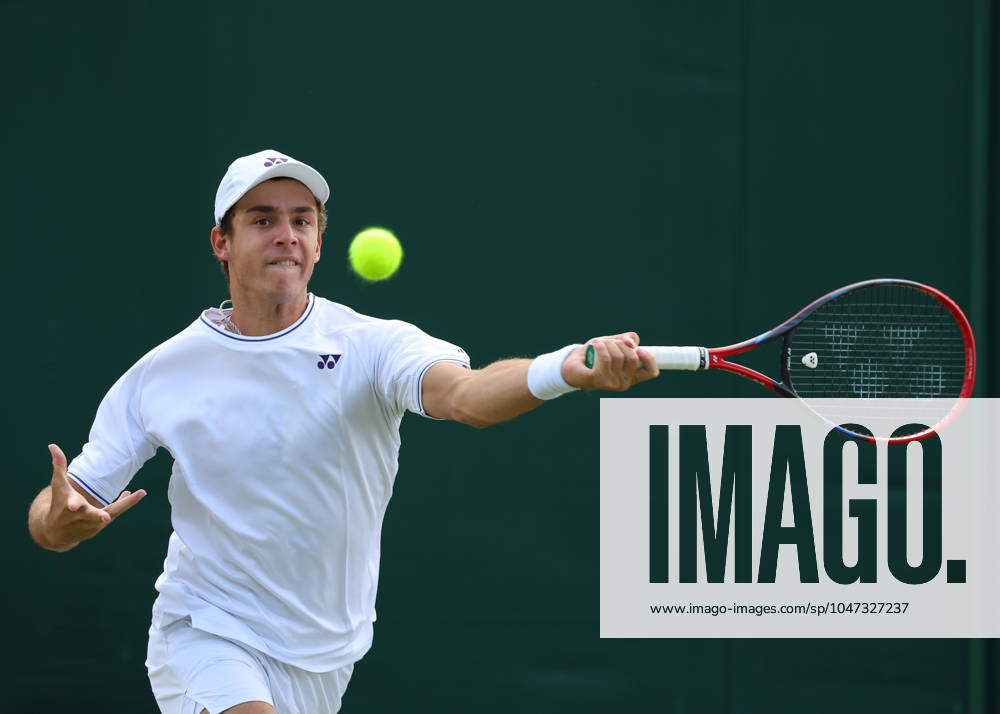 11th July 2024; All England Lawn Tennis and Croquet Club, London, England; Wimbledon Tennis Tournament, Day 11; Kaylan Bigun (USA) from the baseline against Amir Omarkhanov (KAZ), Boys Singles Third Round ActionPlus12666942 JohnxPatrickxFletcher