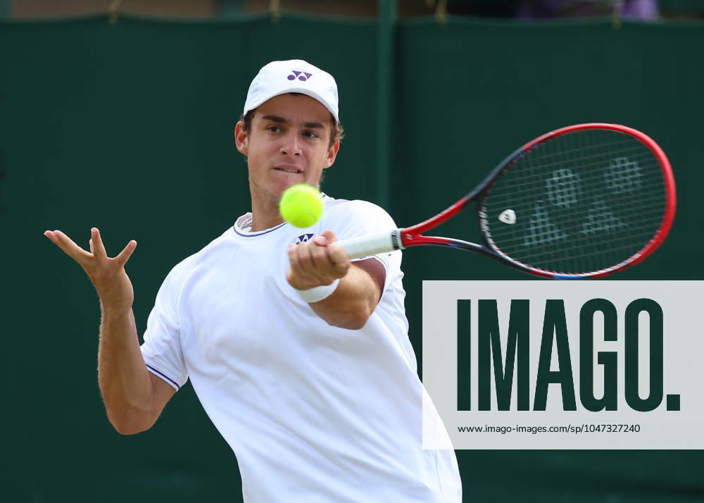 11th July 2024; All England Lawn Tennis and Croquet Club, London, England; Wimbledon Tennis Tournament, Day 11; Kaylan Bigun (USA) from the baseline against Amir Omarkhanov (KAZ), Boys Singles Third Round ActionPlus12666945 JohnxPatrickxFletcher