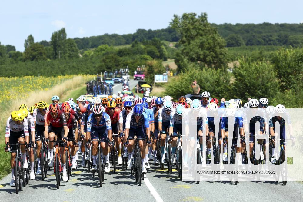 The pack of riders pictured in action during stage 12 of the 2024 Tour de France cycling race, from Aurillac to Villeneuve-sur-Lot, France (203,6km) on Thursday 11 July 2024. The 111th edition of the Tour de France starts on Saturday 29 June and will finish in Nice, France on 21 July. DAVIDxPINTENS x96267122x
