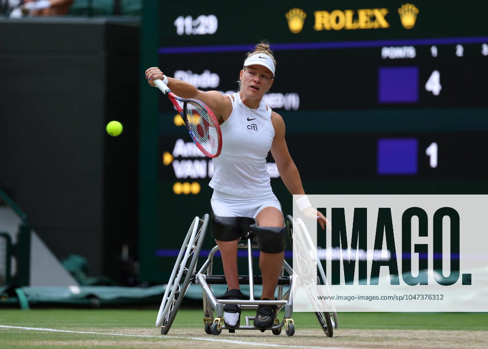 13th July 2024; All England Lawn Tennis and Croquet Club, London, England; Wimbledon Tennis Tournament, Day 13; Diede De Groot (NED) from the baseline against Aniek Van Koot (NED), in the Ladies Wheelchair Singles Final on Court One ActionPlus12667319 JohnxPatrickxFletcher