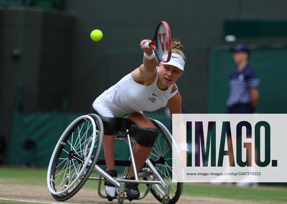 13th July 2024; All England Lawn Tennis and Croquet Club, London, England; Wimbledon Tennis Tournament, Day 13; Diede De Groot (NED) from the baseline against Aniek Van Koot (NED), in the Ladies Wheelchair Singles Final on Court One ActionPlus12667321 JohnxPatrickxFletcher