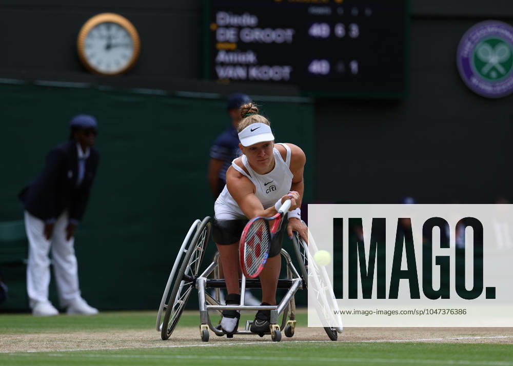 13th July 2024; All England Lawn Tennis and Croquet Club, London, England; Wimbledon Tennis Tournament, Day 13; Diede De Groot (NED) from the baseline against Aniek Van Koot (NED), in the Ladies Wheelchair Singles Final on Court One ActionPlus12667325 JohnxPatrickxFletcher