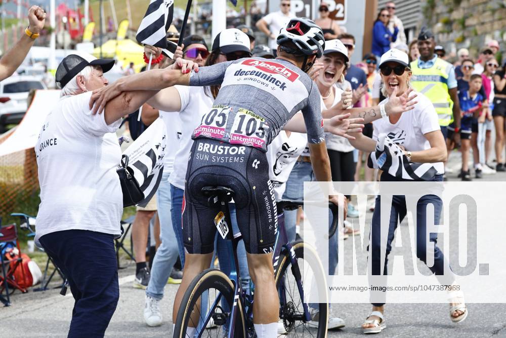 Tour de France 2024 - Stage 14 SAINT-LARY-SOULAN PLA D ADET, FRANCE - JULY 13 : Laurance Axel (FRA) of Alpecin-Deceuninck and fans during stage 14 of the 111th edition of the Tour de France 2024 cycling race, a stage of 152 kms with start in Pau and finish in Saint-Lary-Soulan Pla d Adet on July 13, 2024 in Saint-Lary-Soulan Pla d Adet, France, 13 07 2024 Saint-Lary-Soulan Pla d Adet France