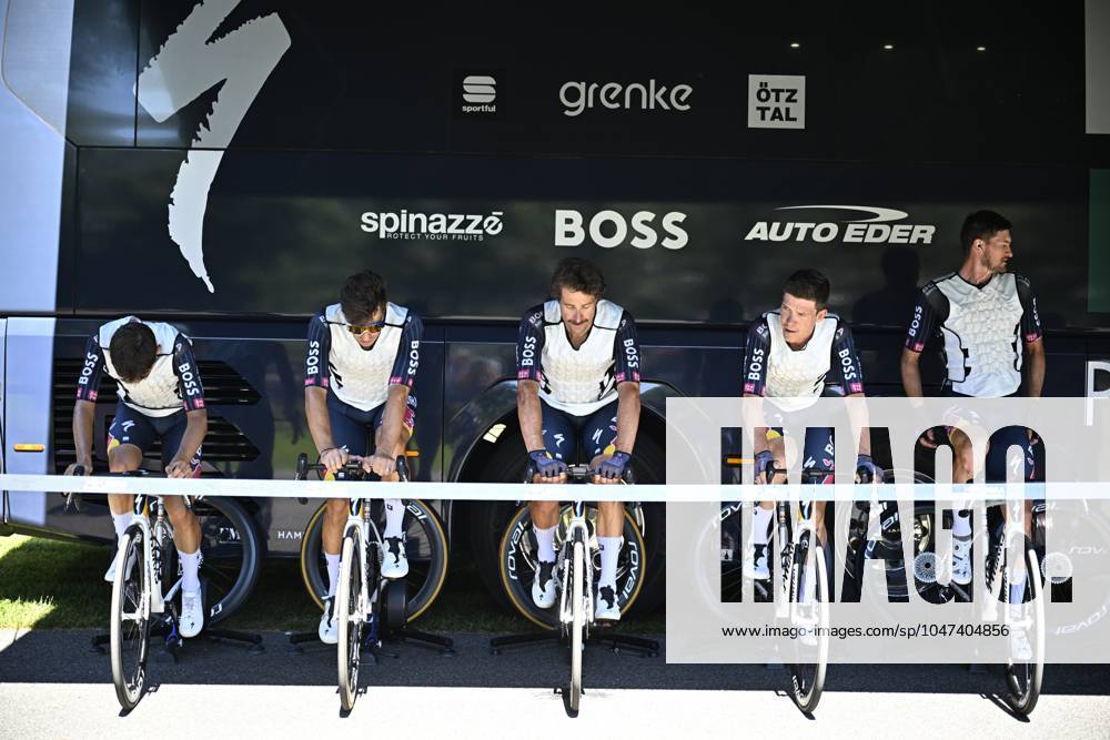 Red Bull-Bora-Hansgrohe riders pictured during the warming-up at the start of stage 15 of the 2024 Tour de France cycling race, from Loudenvielle to Plateau de Beille, France (107,7 km), on Sunday 14 July 2024. The 111th edition of the Tour de France starts on Saturday 29 June and will finish in Nice, France on 21 July. JASPERxJACOBS x96398877x