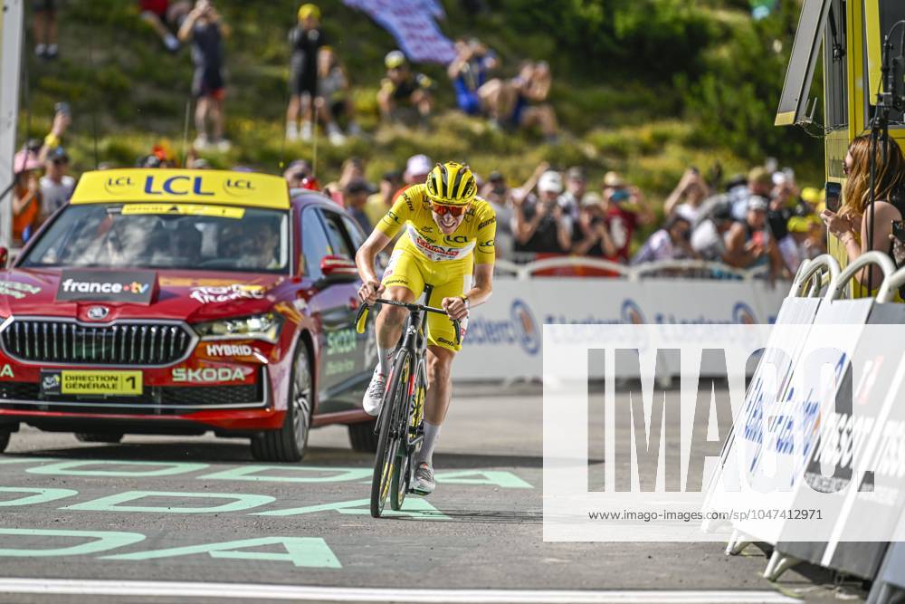 Tour de France 2024 - Stage 15 PLATEAU DE BEILLE, FRANCE - JULY 14 : Pogacar Tadej (SVN) of UAE Team Emirates celebrating his victory during stage 15 of the 111th edition of the Tour de France 2024 cycling race, a stage of 198 kms with start in Loudenvielle and finish in Plateau de Beille on July 14, 2024 in Plateau de Beille, France, 14 07 2024 Plateau de Beille France