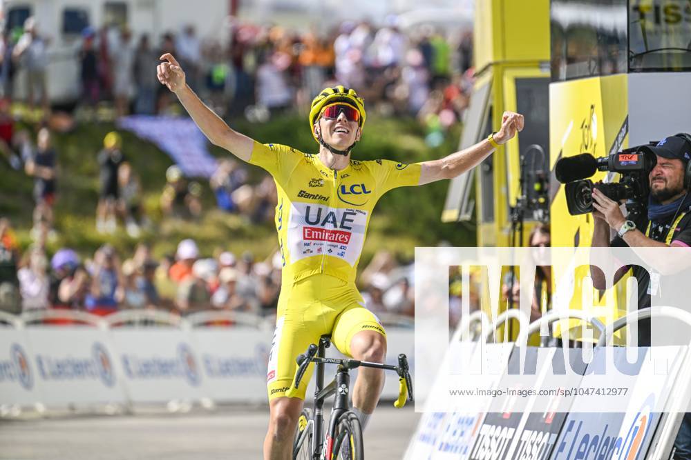 Tour de France 2024 - Stage 15 PLATEAU DE BEILLE, FRANCE - JULY 14 : Pogacar Tadej (SVN) of UAE Team Emirates celebrating his victory during stage 15 of the 111th edition of the Tour de France 2024 cycling race, a stage of 198 kms with start in Loudenvielle and finish in Plateau de Beille on July 14, 2024 in Plateau de Beille, France, 14 07 2024 Plateau de Beille France