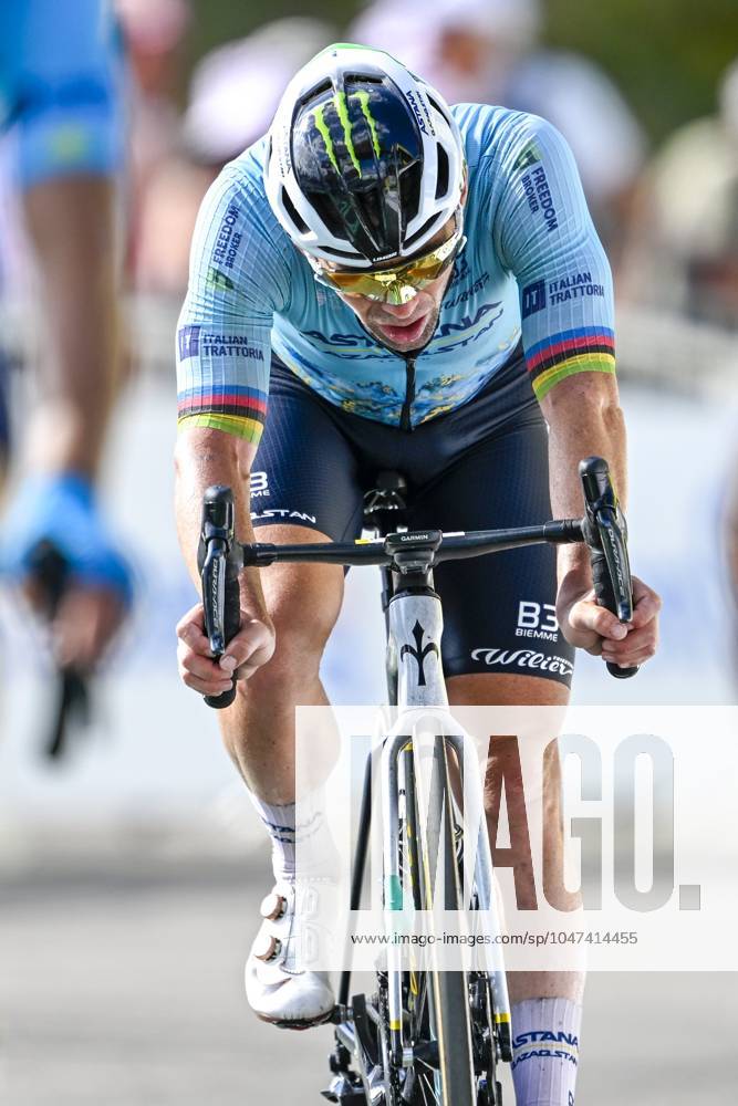 Tour de France 2024 - Stage 15 PLATEAU DE BEILLE, FRANCE - JULY 14 : Cavendish Mark (GBR) of Astana Qazaqstan Team at the finish line during stage 15 of the 111th edition of the Tour de France 2024 cycling race, a stage of 198 kms with start in Loudenvielle and finish in Plateau de Beille on July 14, 2024 in Plateau de Beille, France, 14 07 2024 Plateau de Beille France