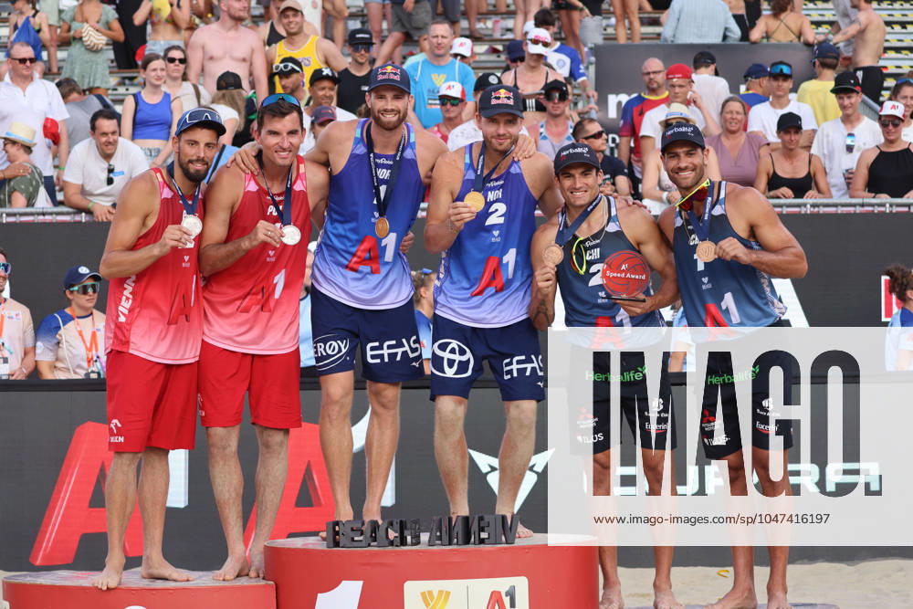 BEACHVOLLEYBALL - Beach Pro Vienna VIENNA,AUSTRIA,14.JUL.24 - Beach volleyball, Beachvolleyball - A1 Beach Pro Vienna. Image shows Bartosz Losiak (POL), Anders Berntsen Mol (NOR), Christian Sandlie Sorum (NOR), Esteban Grimalt (CHI) and Marco Grimalt (CHI). Keywords: medal. GEPAxpictures xMathiasxMandl
