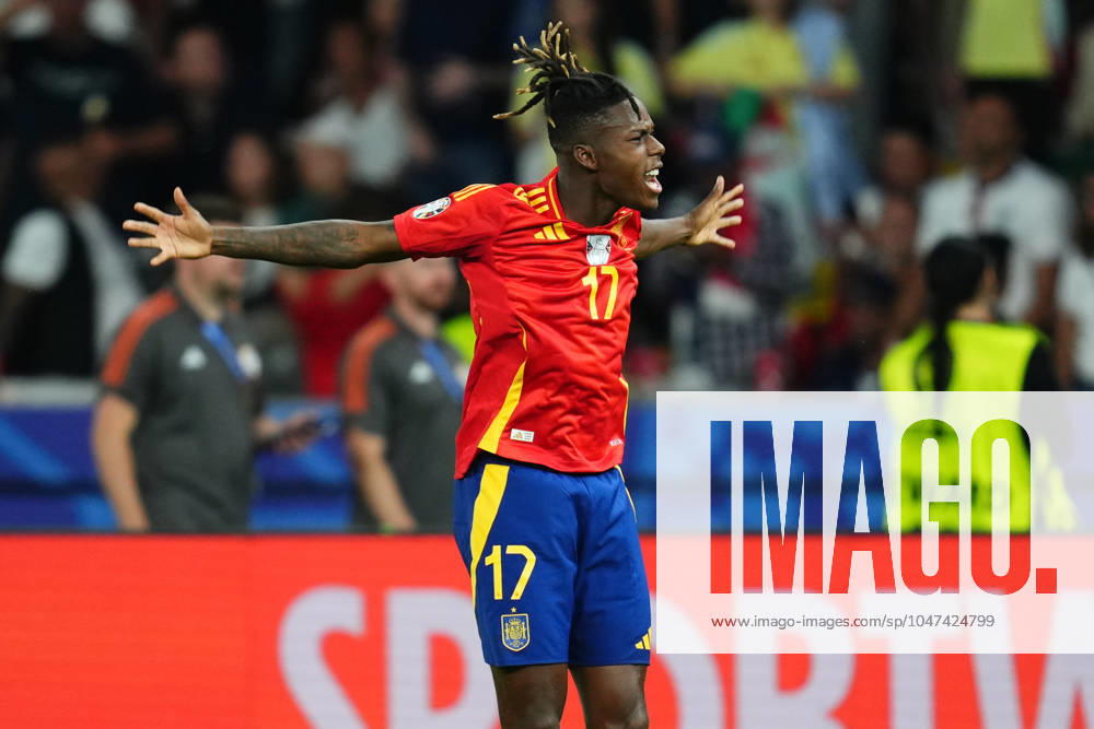 GER: Spain v England. UEFA EURO, EM, Europameisterschaft,Fussball 2024 Final Nico Williams of Spain celebrates the 1-0 during the UEFA Euro 2024 match between Spain and England, Final, played at Olympiastadion on July 14, 2024 in Berlin, Germany. kpng