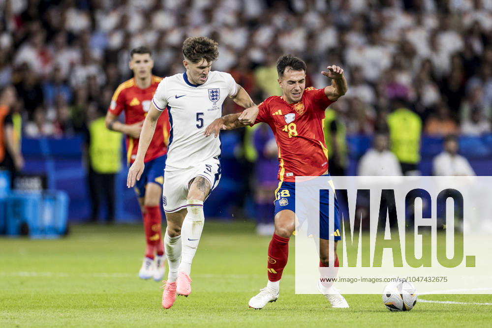Spain v England, UEFA EURO, EM, Europameisterschaft,Fussball 2024 final, Berlin, Germany Berlin, Germany. 14th, July 2024. Martin Zubimendi (5) of Spain and John Stones (5) of England seen during the UEFA Euro 2024 final between Spain and England at Olympiastadion in Berlin. Berlin Germany