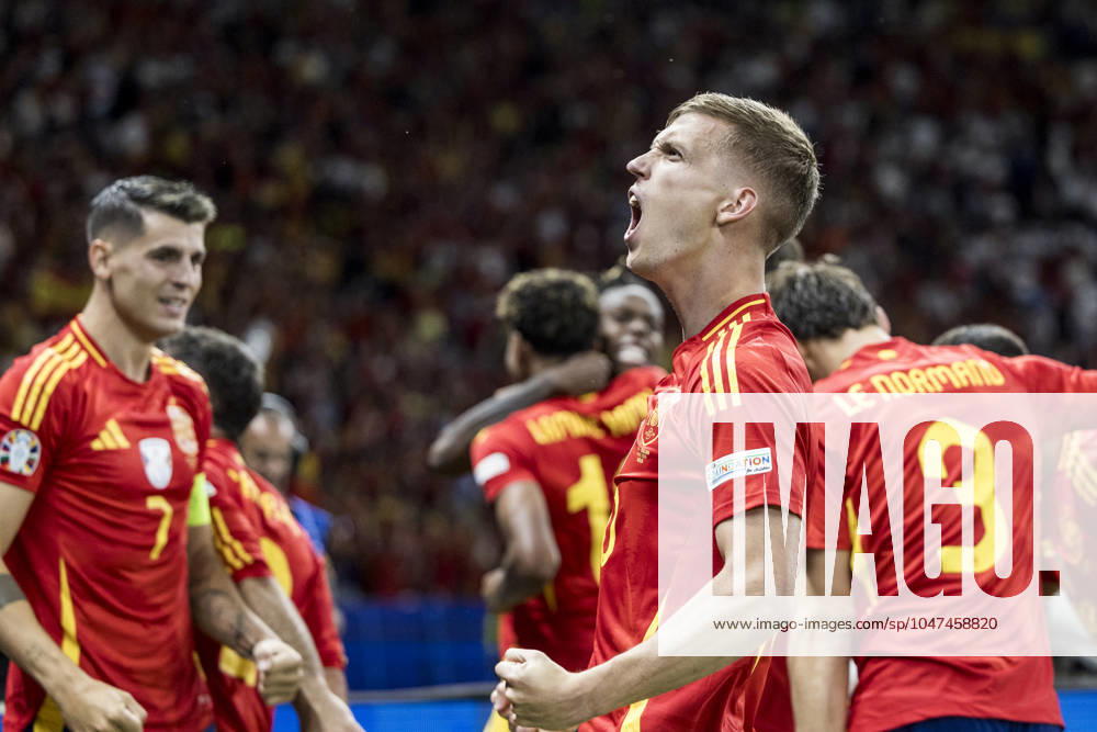 Spain v England, UEFA EURO, EM, Europameisterschaft,Fussball 2024 final, Berlin, Germany Berlin, Germany. 14th, July 2024. Dani Olmo of Spain seen in celebration after Nico Williams scores for 1-0 during the UEFA Euro 2024 final between Spain and England at Olympiastadion in Berlin. Berlin Germany