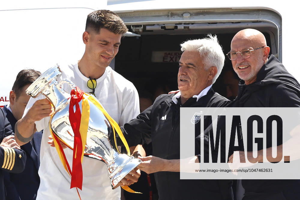 Euro 2024 Winner Spanish Team Arriving At Madrid Airport The captain of the Spanish national soccer team, Alvaro Morata, the president of the Royal Spanish Football Federation, Pedro Rocha, and the coach of the Spanish national soccer team, Luis de la Fuente, on their arrival at the airport, July 15, 2024, in Madrid, Spain. Photo by Antonio Gutiérrez Europa Press ABACAPRESS.COM Madrid Spain