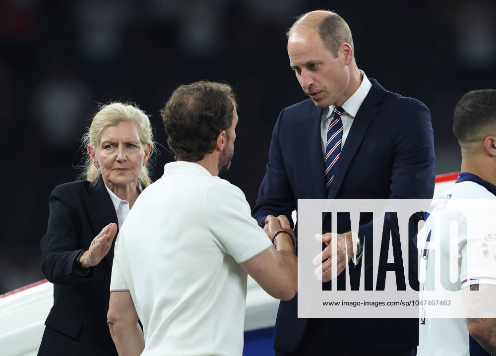 Berlin, Germany, 14th July 2024. Gareth Southgate manager of England shakes hands with HRH William, the Prince of Wales during the UEFA European Championships final match at Olympiastadion, Berlin. Picture: Paul Terry Sportimage . SPI-3227-0336
