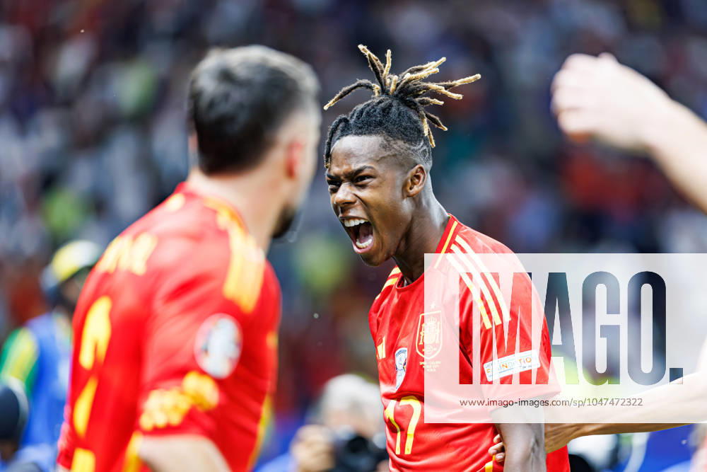 Nico Williams (R) (Spain) seen celebrating a goal during the UEFA EURO, EM, Europameisterschaft,Fussball 2024 final game between national teams of Spain and England at Olympiastadium. Final score; Spain 2:1 England Berlin Germany - ZUMAs197 20240714_aaa_s197_409