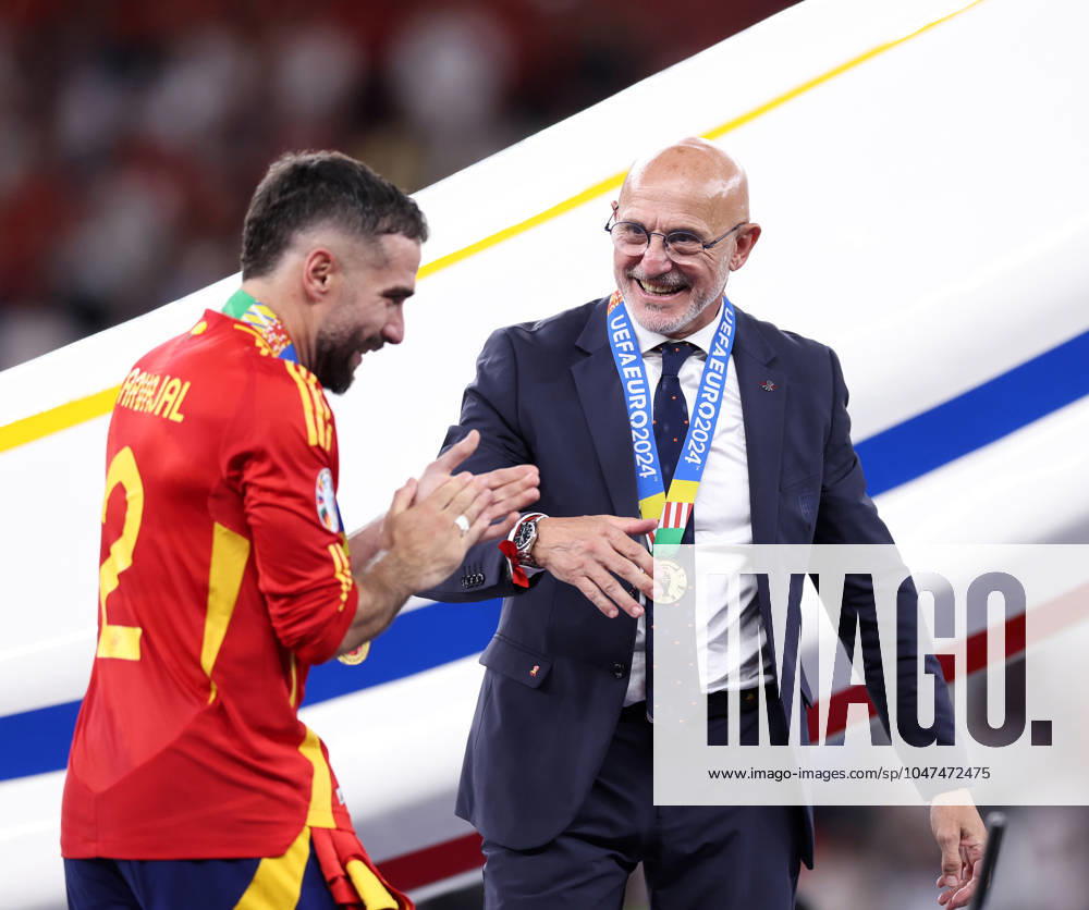 Berlin, Germany, 14th July 2024. Luis de la Fuente coach of Spain celebrates with Dani Carvajal of Spain during the UEFA European Championships final match at Olympiastadion, Berlin. Picture credit should read: David Klein Sportimage . SPI-3228-0201