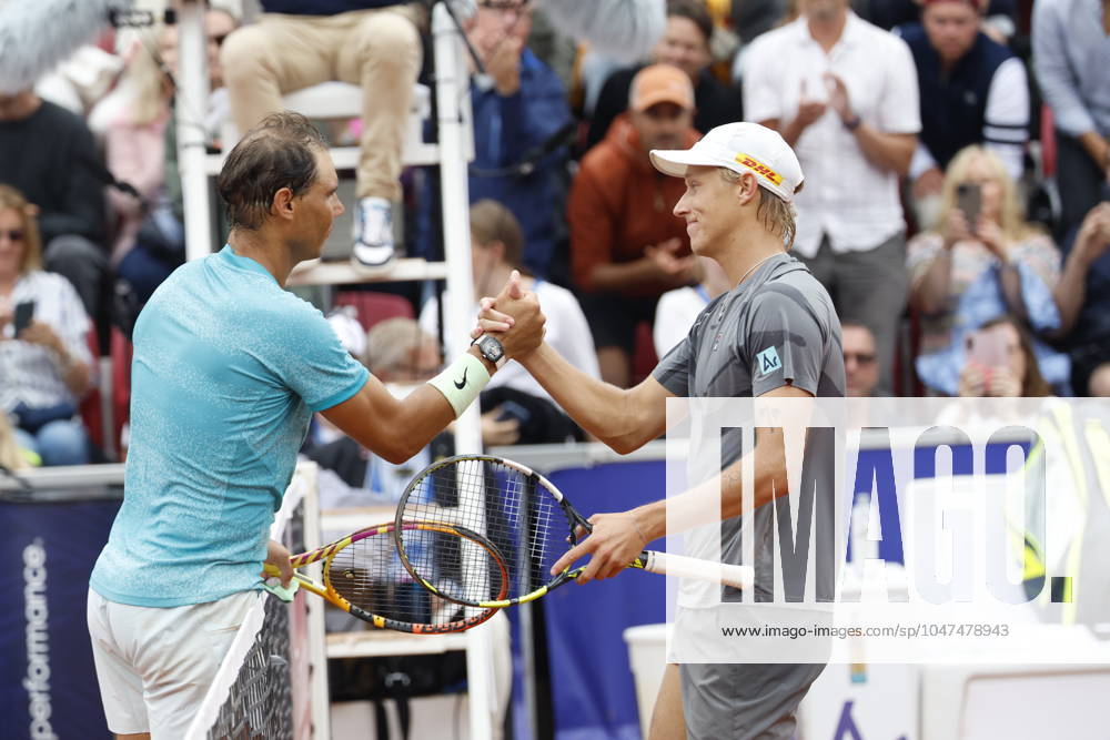 BASTAD, SWEDEN 20240716 Rafael Nadal tv , Spain, thanks Leo Borg, Sweden, after winning the first round match in the mens singles of the Nordea Open in Bastad on Tuesday BASTAD SWEDEN