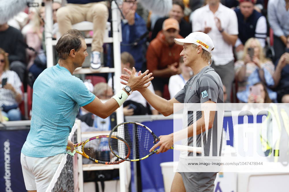 BASTAD, SWEDEN 20240716 Rafael Nadal tv , Spain, thanks Leo Borg, Sweden, after winning the first round match in the mens singles of the Nordea Open in Bastad on Tuesday BASTAD SWEDEN