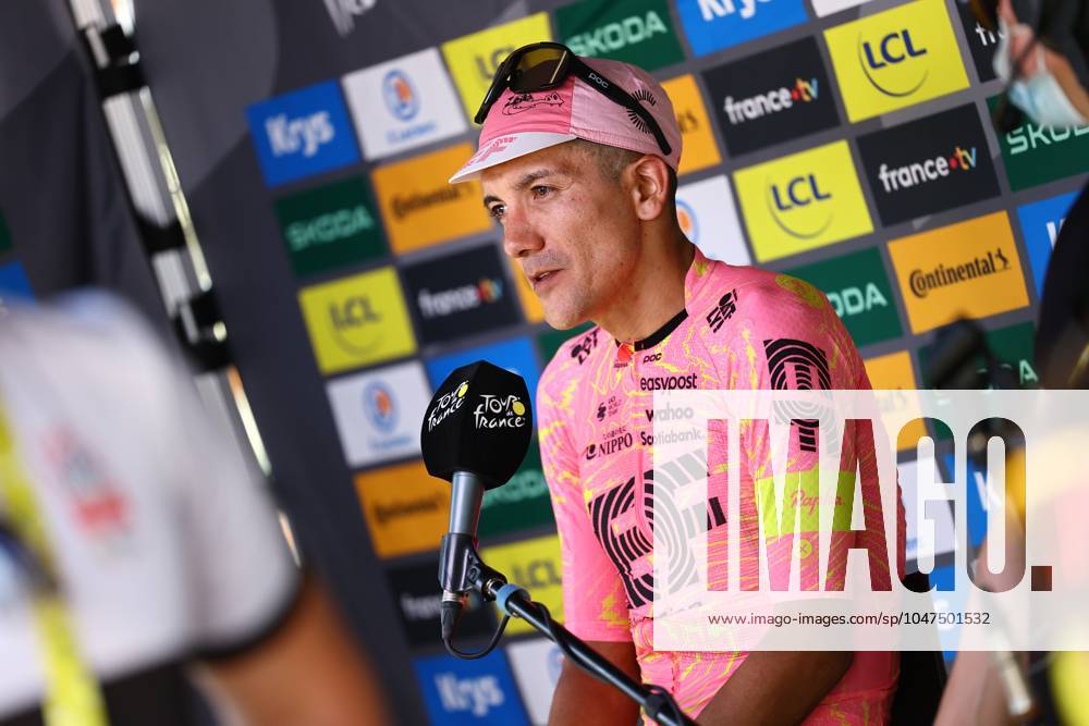 Ecuadorian Richard Carapaz of EF Education-EasyPost talks to the press after stage 17 of the 2024 Tour de France cycling race, from Saint-Paul-Trois-Châteaux to Superdevoluy (177,8 km), in France, on Wednesday 17 July 2024. The 111th edition of the Tour de France starts on Saturday 29 June and will finish in Nice, France on 21 July. DAVIDxPINTENS x96592449x