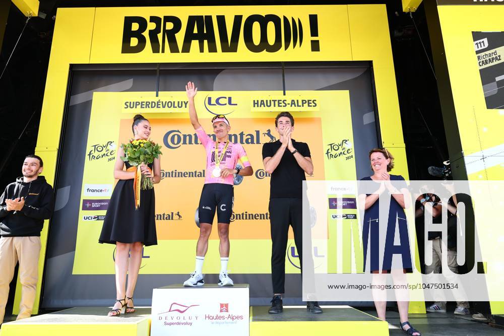Ecuadorian Richard Carapaz of EF Education-EasyPost celebrates on the podium after winning stage 18 of the 2024 Tour de France cycling race, from Gap to Barcelonnette (179,5 km), in France, on Wednesday 17 July 2024. The 111th edition of the Tour de France starts on Saturday 29 June and will finish in Nice, France on 21 July. DAVIDxPINTENS x96592468x