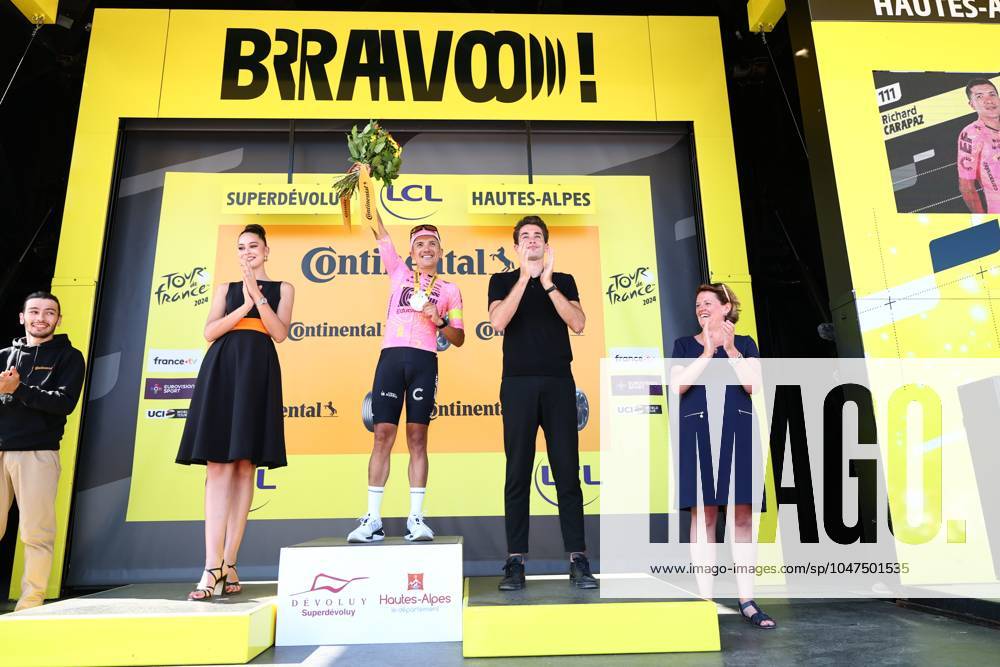 Ecuadorian Richard Carapaz of EF Education-EasyPost celebrates on the podium after winning stage 18 of the 2024 Tour de France cycling race, from Gap to Barcelonnette (179,5 km), in France, on Wednesday 17 July 2024. The 111th edition of the Tour de France starts on Saturday 29 June and will finish in Nice, France on 21 July. DAVIDxPINTENS x96592469x