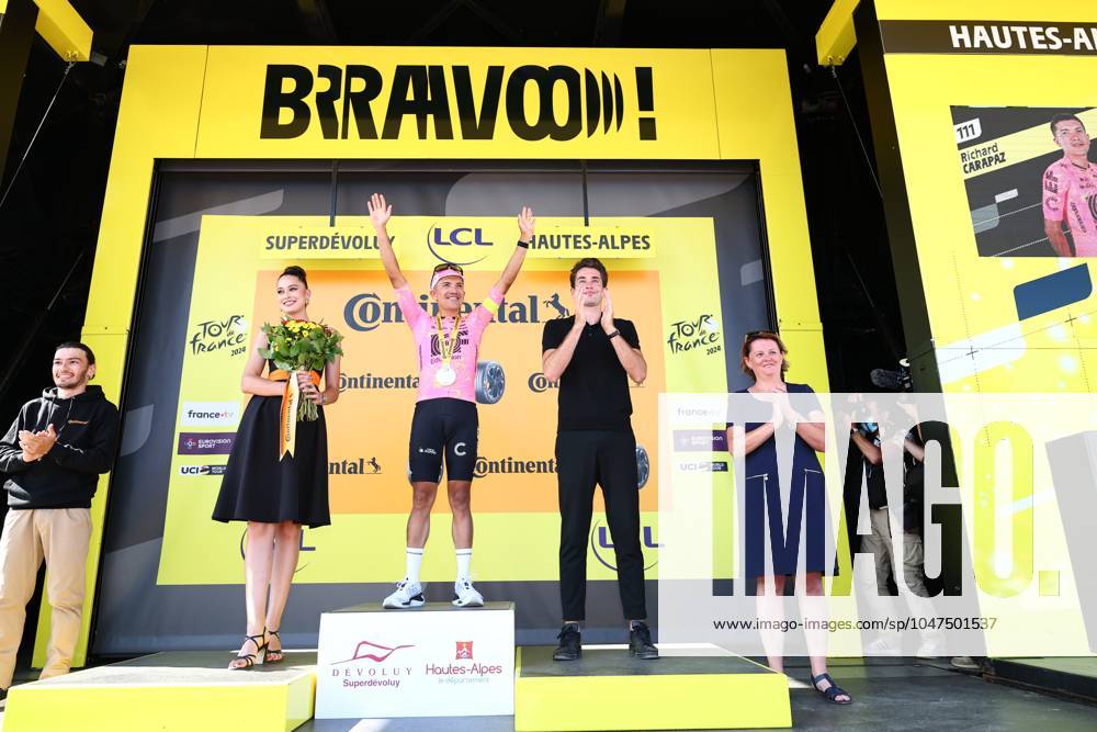 Ecuadorian Richard Carapaz of EF Education-EasyPost celebrates on the podium after winning stage 18 of the 2024 Tour de France cycling race, from Gap to Barcelonnette (179,5 km), in France, on Wednesday 17 July 2024. The 111th edition of the Tour de France starts on Saturday 29 June and will finish in Nice, France on 21 July. DAVIDxPINTENS x96592472x