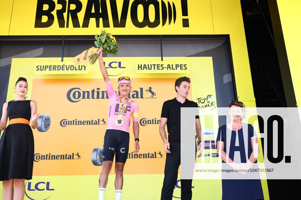 Ecuadorian Richard Carapaz of EF Education-EasyPost celebrates on the podium after winning stage 18 of the 2024 Tour de France cycling race, from Gap to Barcelonnette (179,5 km), in France, on Wednesday 17 July 2024. The 111th edition of the Tour de France starts on Saturday 29 June and will finish in Nice, France on 21 July. DAVIDxPINTENS x96592479x