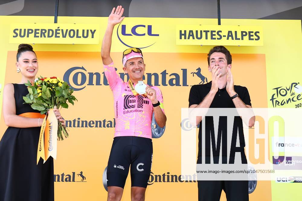 Ecuadorian Richard Carapaz of EF Education-EasyPost celebrates on the podium after winning stage 18 of the 2024 Tour de France cycling race, from Gap to Barcelonnette (179,5 km), in France, on Wednesday 17 July 2024. The 111th edition of the Tour de France starts on Saturday 29 June and will finish in Nice, France on 21 July. DAVIDxPINTENS x96592480x