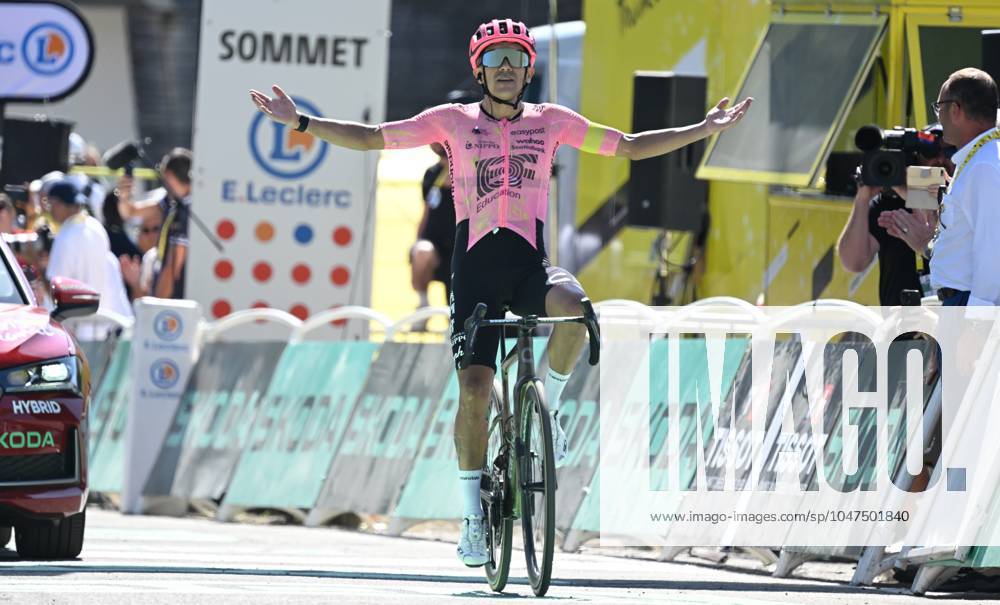 Ecuadorian Richard Carapaz of EF Education-EasyPost crosses the finish line to win stage 17 of the 2024 Tour de France cycling race, from Saint-Paul-Trois-Châteaux to Superdevoluy (177,8 km), in France, on Wednesday 17 July 2024. The 111th edition of the Tour de France starts on Saturday 29 June and will finish in Nice, France on 21 July. TOM GOYVAERTS TomxGoyvaerts x96592643x