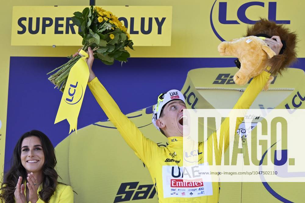 Slovenian Tadej Pogacar of UAE Team Emirates celebrates on the podium in the yellow jersey of leader in the overall ranking after stage 18 of the 2024 Tour de France cycling race, from Gap to Barcelonnette (179,5 km), in France, on Wednesday 17 July 2024. The 111th edition of the Tour de France starts on Saturday 29 June and will finish in Nice, France on 21 July. DAVIDxPINTENS x96593070x