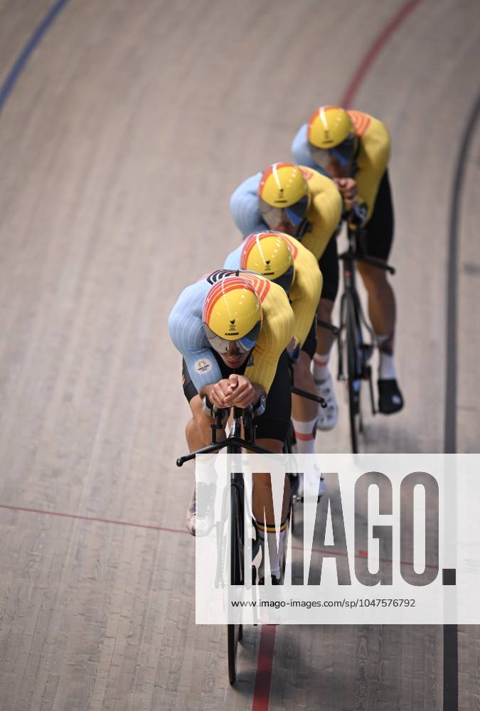 Belgian Tuur Dens, Belgian Noah Vandenbranden, Belgian Fabio Van Den Bossche and Belgian Lindsay De Vylder pictured in action during a training session of track cyclists, during the media day at the Team Belgium Base Camp for Track cycling, Rad, Radsport, Bahnrad, Bahn and BMX, at the Vlaanderen Heusden-Zolder Velodroom Limburg in Zolder, Saturday 20 July 2024, in preparation of the upcoming 2024 Paris Olympic Games, Olympische Spiele, Olympia, OS JOHNxTHYS x96782482x