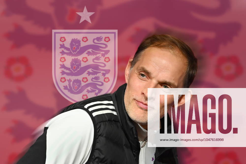 PHOTOMONTAGE Hammer rumor about Thomas TUCHEL he will be coach of the English national team ARCHIVE PHOTO Departure coach Thomas TUCHEL Bayern Muenchen , single picture,cropped single motif,half figure,half figure, press conference Football 1 Bundesliga season 2023 2024, 25 matchday, matchday25, FC Bayern Muenchen 1 FSV Mainz 05 8 1, on 09 03 2024 , A L L I A N Z A R E N A