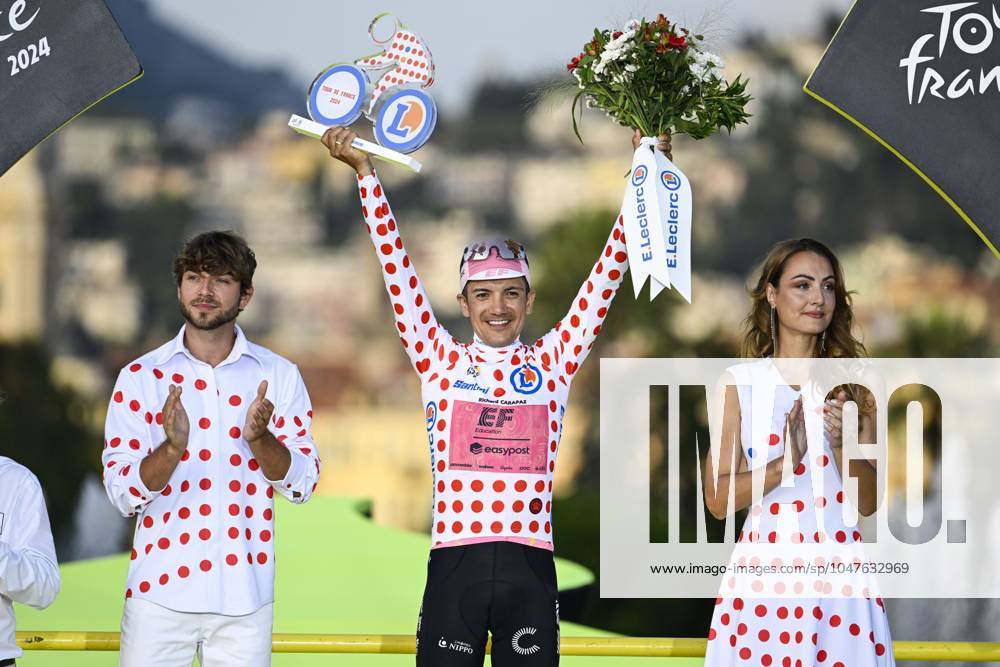 Ecuadorian Richard Carapaz of EF Education-EasyPost celebrates on the podium in the red polka-dot jersey for best climber after stage 21, the final stage of the 2024 Tour de France cycling race, an individual time trial from Monaco to Nice, France (33,7 km) on Sunday 21 July 2024. The 111th edition of the Tour de France starts on Saturday 29 June and will finish in Nice, France on 21 July. TOM GOYVAERTS TomxGoyvaerts x96846918x
