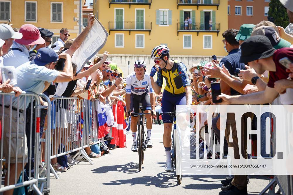 Tour de France 2024 - Stage 20 COL DE LA COUILLOLE, FRANCE - JULY 20 : Evenepoel Remco (BEL) of Soudal - Quick Step and Van Aert Wout (BEL) of Team Visma Lease a Bike pictured during the teams line-up before stage 20 of the 111th edition of the Tour de France 2024 cycling race, a stage of 132,8 kms with start in Nice and finish in Col de la Couillole on July 20, 2024 in Col de la Couillole, France, 20 07 2024 Col de la Couillole France