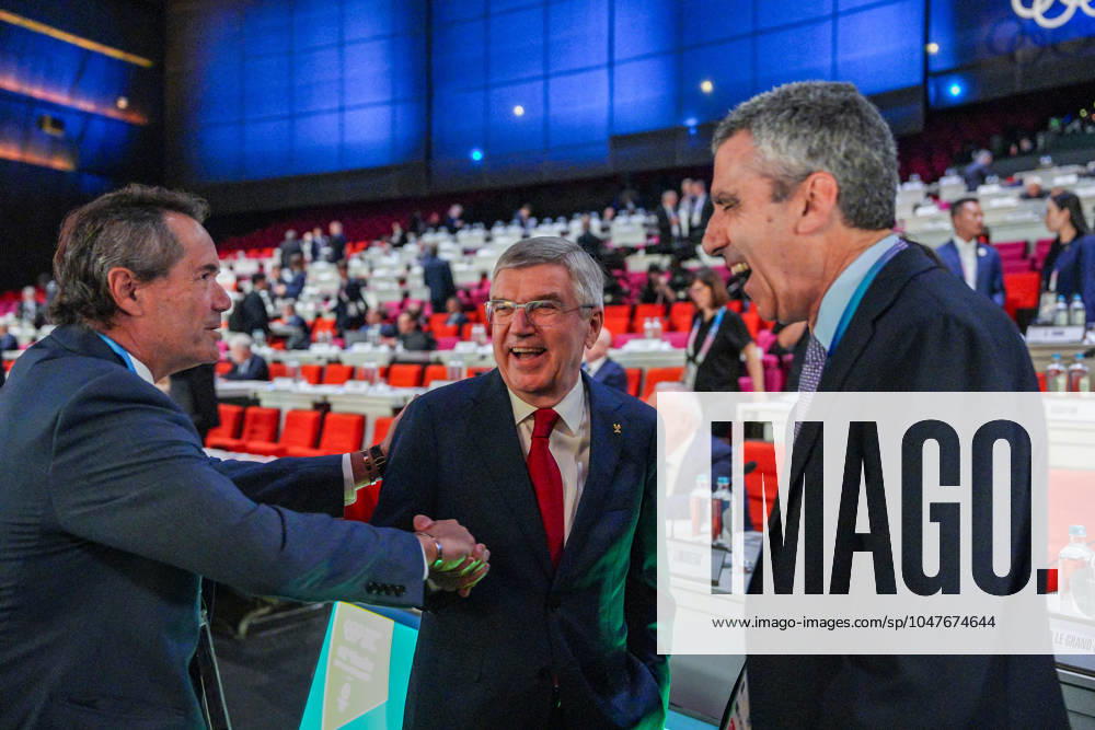 (240723) -- PARIS, July 23, 2024 -- International Olympic Committee (IOC) President Thomas Bach (C) reacts on the first day of the 142nd IOC Session ahead of the Paris 2024 Olympic Games, Olympische Spiele, Olympia, OS in Paris, France, on July 23, 2024. ) (PARIS2024)FRANCE-PARIS-IOC SESSION-DAY 1 SunxFei