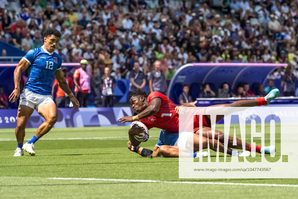 Team Kenya forward John Okeyo (1) plays against Samoa in Menâ€⠢s Pool B Rugby Seven. Samoa beats Kenya 26-0. Paris France - ZUMAa161 20240725_oly_a161_016