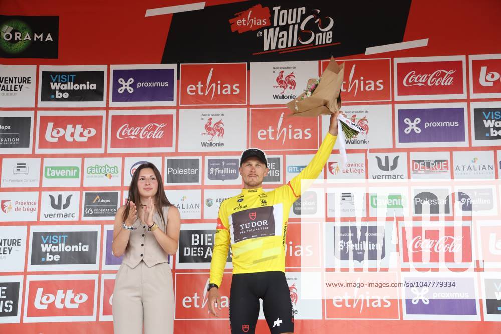 Italian Matteo Trentin of Tudor Pro Cycling Team celebrates on the podium after stage 3 of the Tour De Wallonie cycling race, from Mouscron to Thuin (192 km), Friday 26 July 2024. This year s Tour de Wallonie takes place from 22 to 26 July 2023. VIRGINIExLEFOUR x97091566x