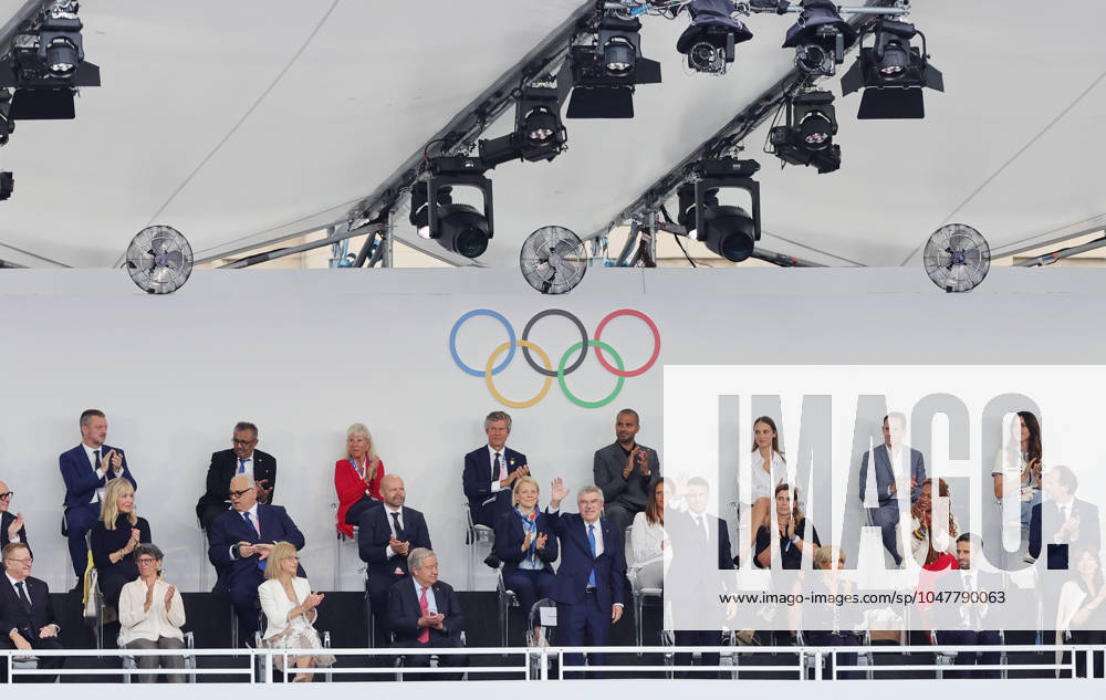 (240726) -- PARIS, July 26, 2024 -- International Olympic Committee (IOC) President Thomas Bach and French President Emmanuel Macron attend the opening ceremony of the Paris 2024 Olympic Games, Olympische Spiele, Olympia, OS in Paris, France, July 26, 2024. ) (PARIS2024) FRANCE-PARIS-OLY-OPENING CEREMONY ShenxBohan