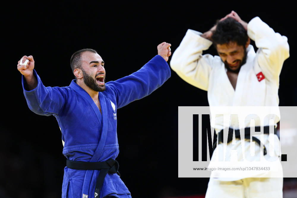 KW30 OLYMPICS - Olympic Summer Games 2024 PARIS,FRANCE,27.JUL.24 - OLYMPICS, JUDO - Olympic Summer Games Paris 2024, -60kg, men. Image shows the rejoicing of Luka Mkheidze (FRA) and the disappointment of Salih Yildiz (TUR). GEPAxpictures Rauthner
