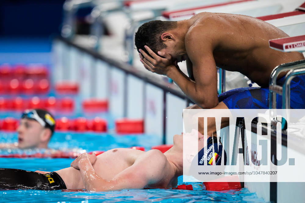 Lukas Märtens of Germany celebrates and Guilherme Costa of Brazil is dejected after competing in mens 400 meters freestyle swimming final during day 1 of the Paris 2024 Olympic Games, Olympische Spiele, Olympia, OS on July 27, 2024 in Paris. Photo: Joel Marklund BILDBYRAN kod JM JM0583 bbeng simning swimming svomming olympic games olympics os ol olympiska spel olympiske leker paris 2024 paris-os paris-ol jubel depp