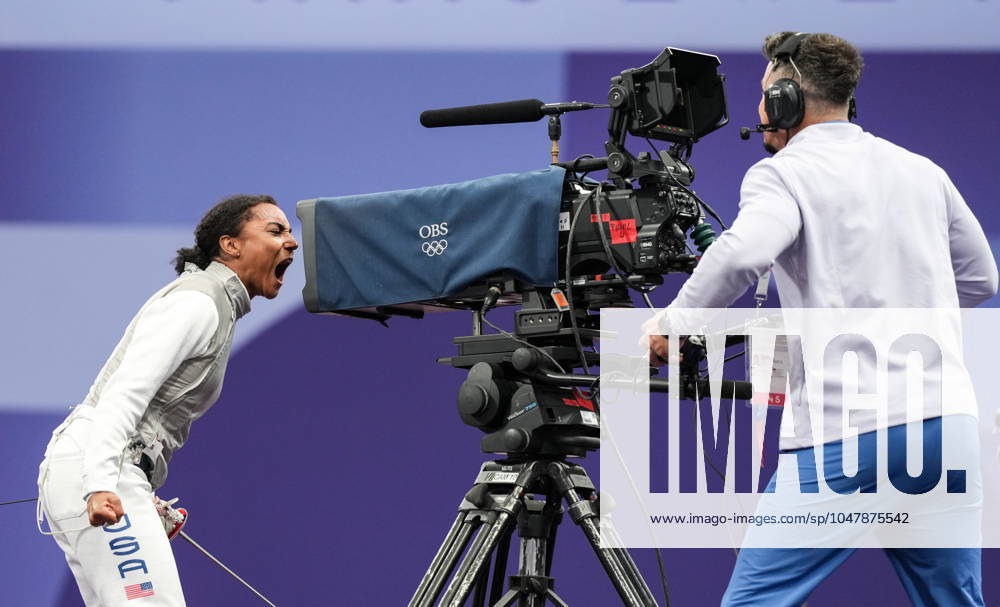 Lauren Scruggs of the United States reacts following her win over Jessica Guo of Canada in the women s individual foil in Paris, France on Sunday, July 28, 2024. Canada News - July 28, 2024 - ZUMAc35_ 20240728_zaf_c35_024