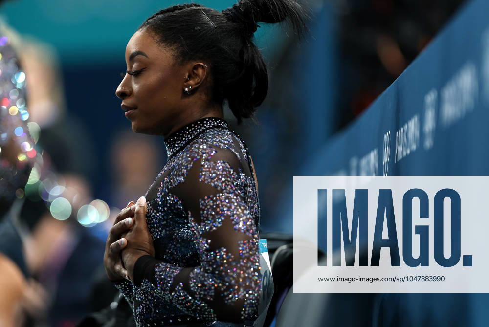 (240728) -- PARIS, July 28, 2024 -- Simone Biles of the United States reacts before the artistic gymnastics women s qualification match during the Paris 2024 Olympic Games, Olympische Spiele, Olympia, OS at Bercy Arena in Paris, France, July 28, 2024. Cao Can) (PARIS2024)FRANCE-PARIS-OLY-ARTISTIC GYMNASTICS CaoCan