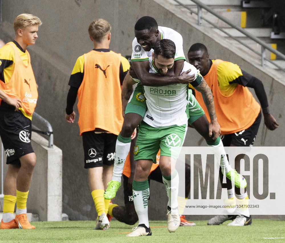 STOCKHOLM, SWEDEN 20240728 Hamamrbys Ibrahima Breze Fofana and Nahir Besara celebrate after 2 0 during Sundays soccer match in the Allsvenskan between Hamamrby IF and Mjällby AIF at Tele2 arena STOCKHOLM SWEDEN