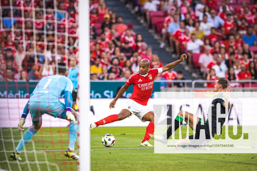 SL Benefica Vs Feyenoord in Lisbon, Portugal - 28 Jul 2024 Joao Mario of SL Benfica (C) vies for the ball with Thomas Beelen of Feyenoord (R) during the Pre-Season Friendly match between SL Benfica and Feyenoord at Estadio da Luz. (Final score: SL Benfica 5 - 0 Feyenoord) Lisbon Portugal
