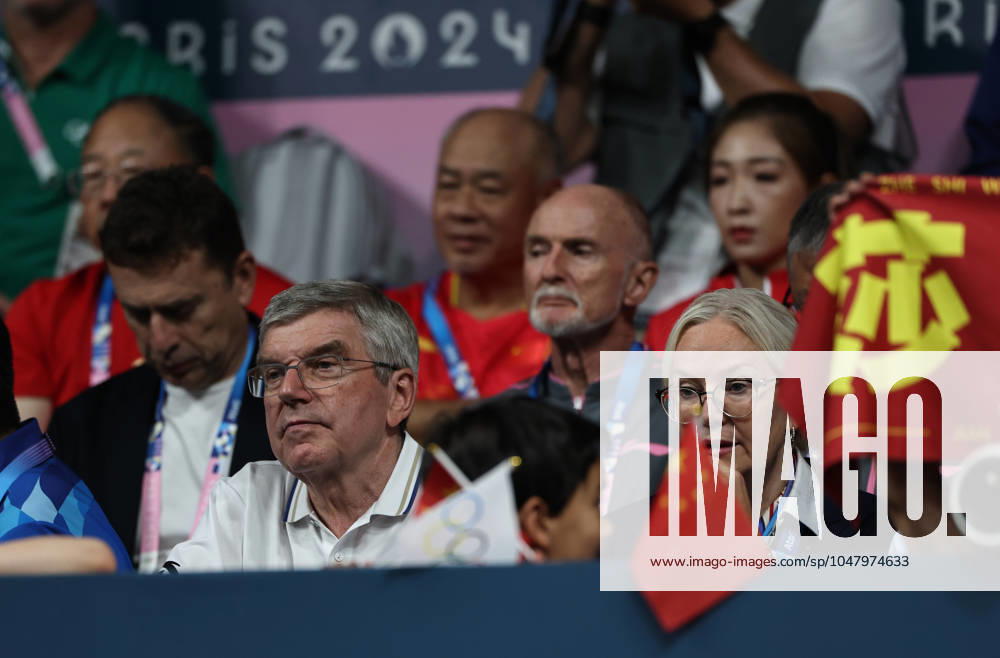 (240730) -- PARIS, July 30, 2024 -- International Olympic Committee (IOC) President Thomas Bach (L, front) is seen during the mixed doubles gold medal Table tennis, Tischtennis match between Wang Chuqin Sun Yingsha of China and Ri Jong Sik Kim Kum Yong of the Democratic People s Republic of Korea at the Paris 2024 Olympic Games, Olympische Spiele, Olympia, OS in Paris, France, on July 30, 2024. Wang Dongzhen) (PARIS2024)FRANCE-PARIS-OLY-TABLE TENNIS WangDongZhen